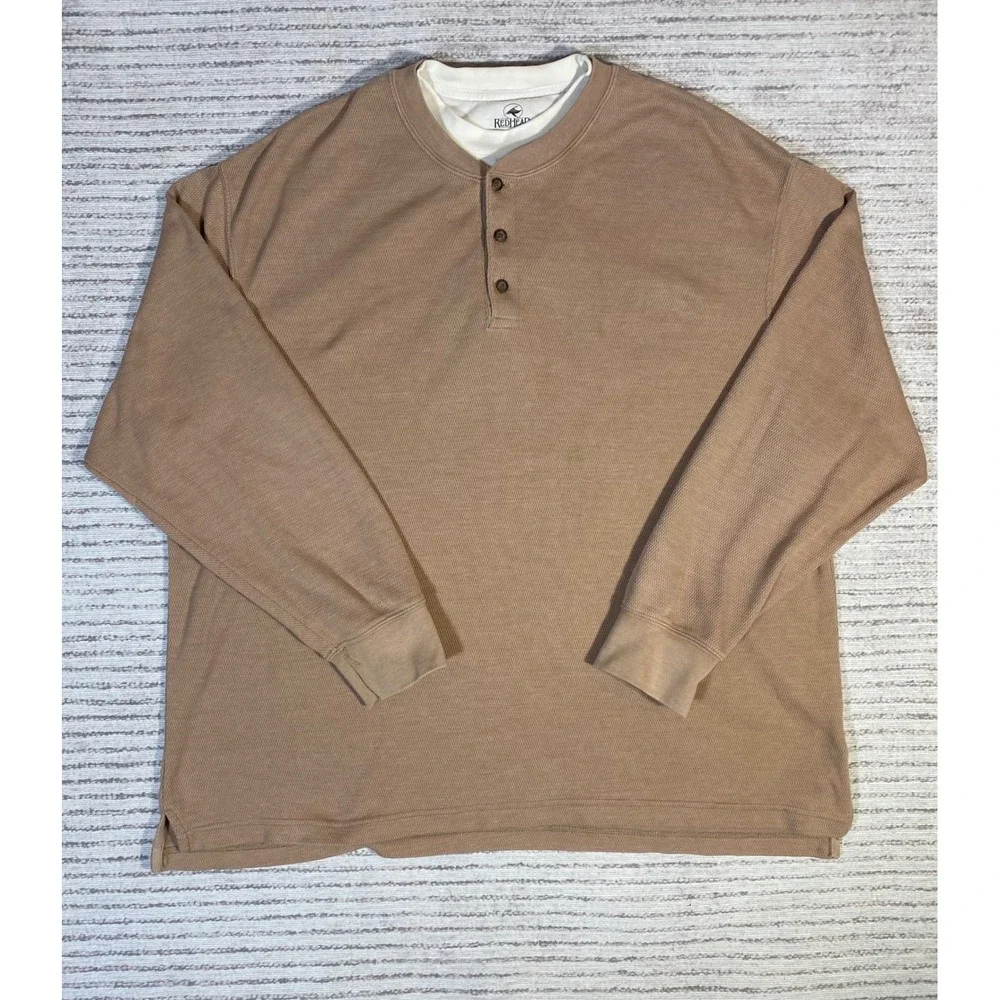 RedHead Mens 2XL Brown Waffle Knit Henley Shirt Long Sleeve Double Layer Neck